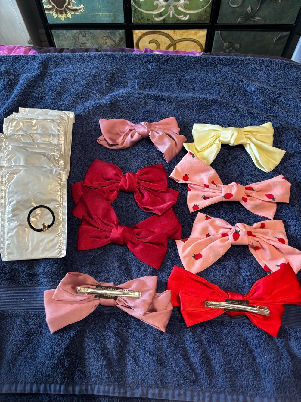 Kids Bow Hair Clips - Assorted Pink, Red, Yellow and 30 elastics with charms